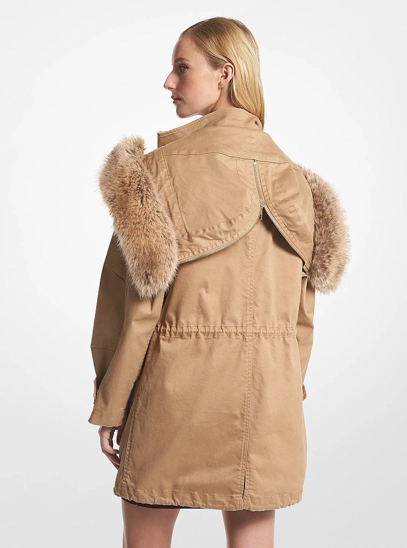 Faux Fur Trim Stretch Cotton Anorak in DARK CAMEL | Michael Kors