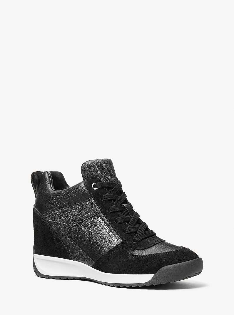 Nikko S2 Suede and Leather Wedge Trainer in BLACK | Michael Kors