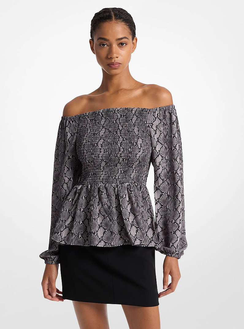 Snake Print Satin Back Crepe Off-The-Shoulder Blouse in BLACK | Michael Kors