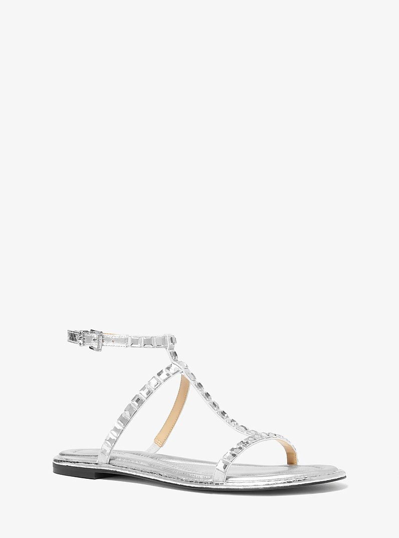 Celia Crystal Embellished Metallic Flat Sandal in SILVER | Michael Kors