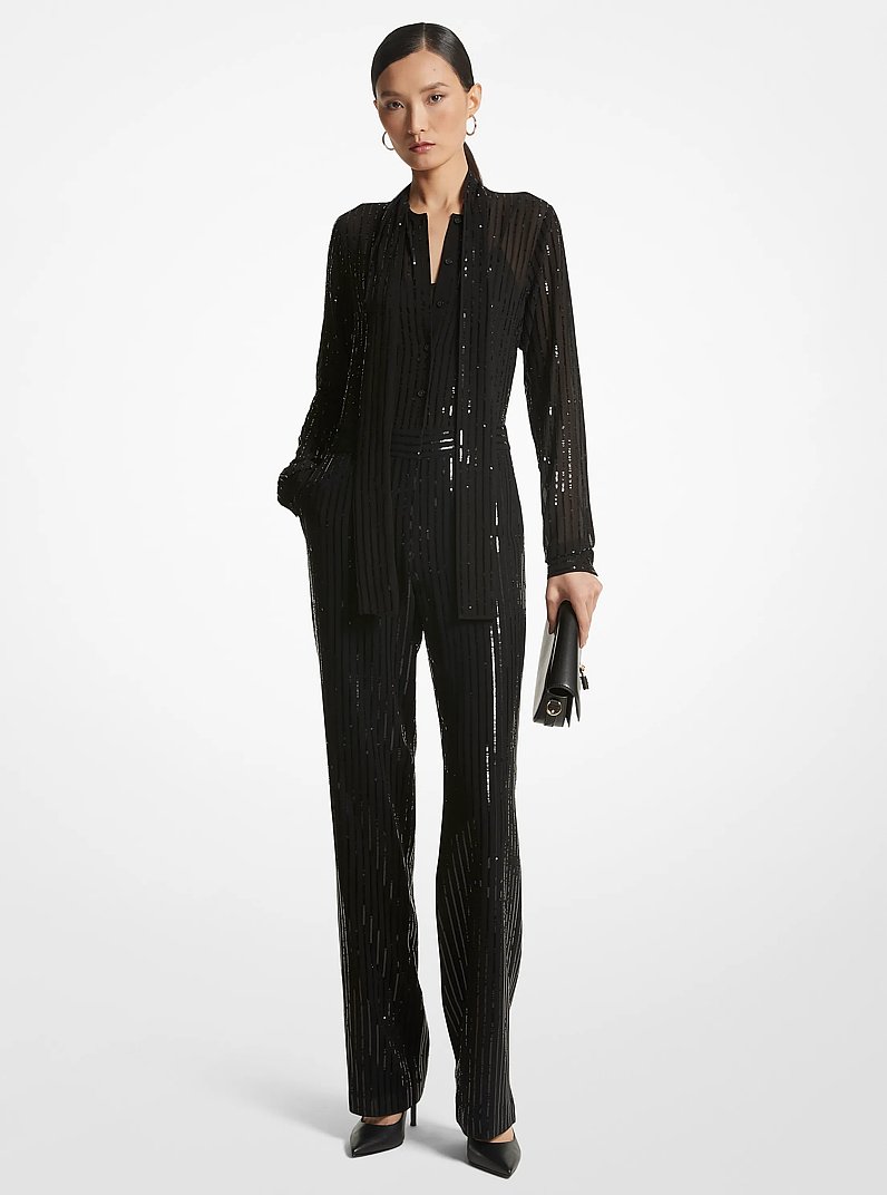 Pinstripe Sequined Georgette Jumpsuit in BLACK | Michael Kors