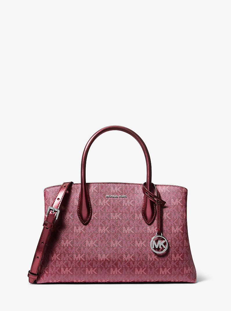 Maya Medium Metallic Signature Logo Satchel in MAROON | Michael Kors