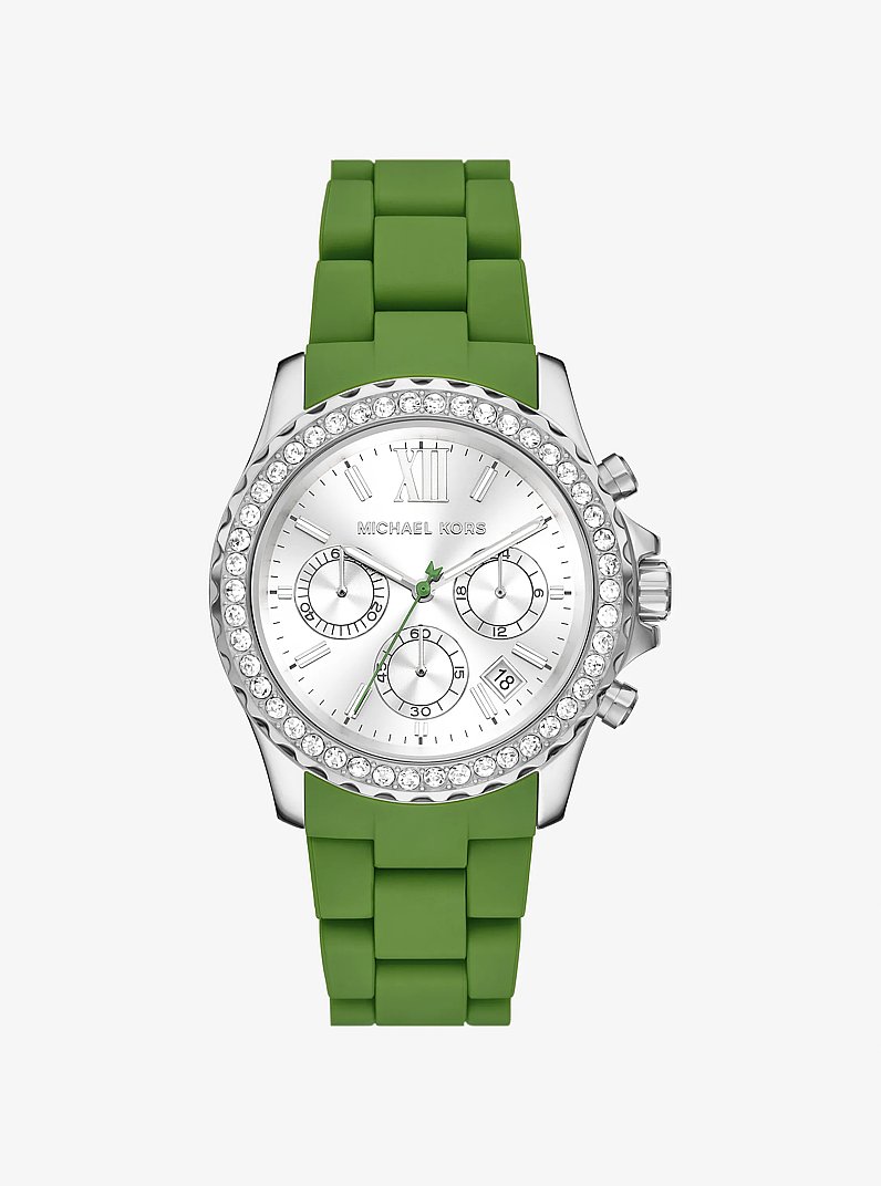 Oversized Everest Pav&eacute; Silver-Tone and Silicone Watch in VERT JUNGLE | Michael Kors