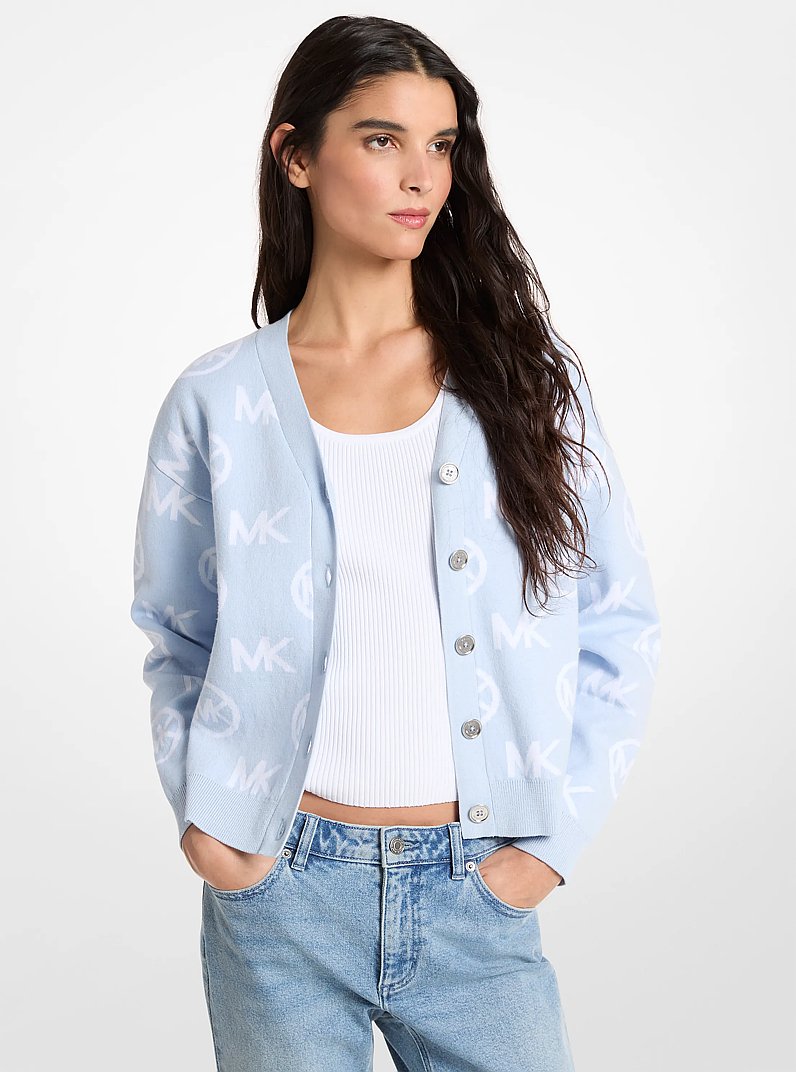 Logo Jacquard Cotton Blend Cardigan in PASTEL BLUE | Michael Kors