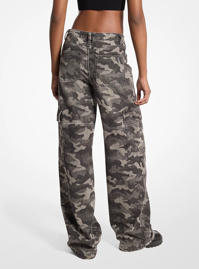 Camouflage Denim Wide-Leg Cargo Pants in CHARCOAL | Michael Kors