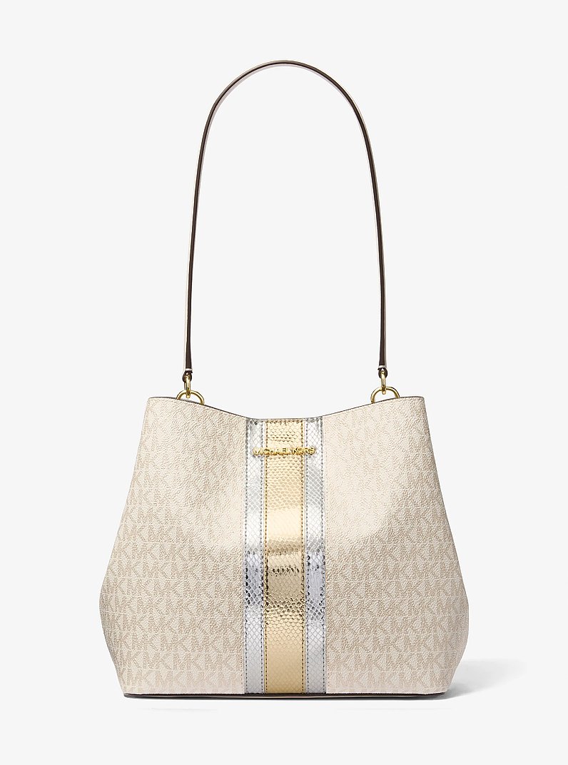 Pratt Medium Signature Logo and Metallic Shoulder Bag in PALE GOLD | Michael Kors