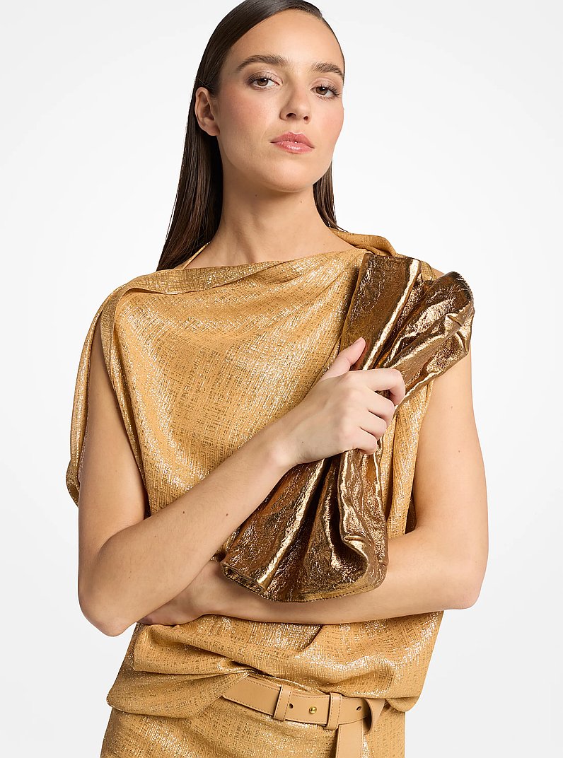 Maggie Metallic Crackled Leather Lunch Bag Clutch in BRASS | Michael Kors
