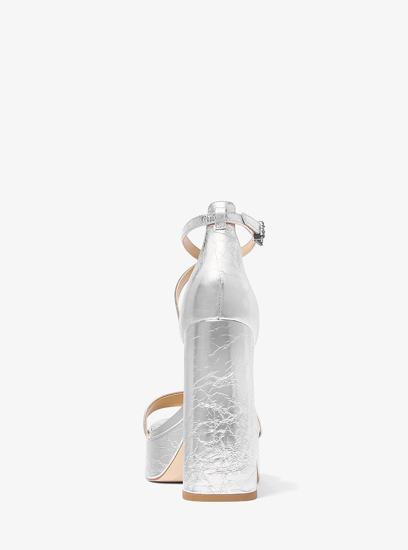 Cami Crackled Metallic Leather Platform Sandal in SILVER | Michael Kors