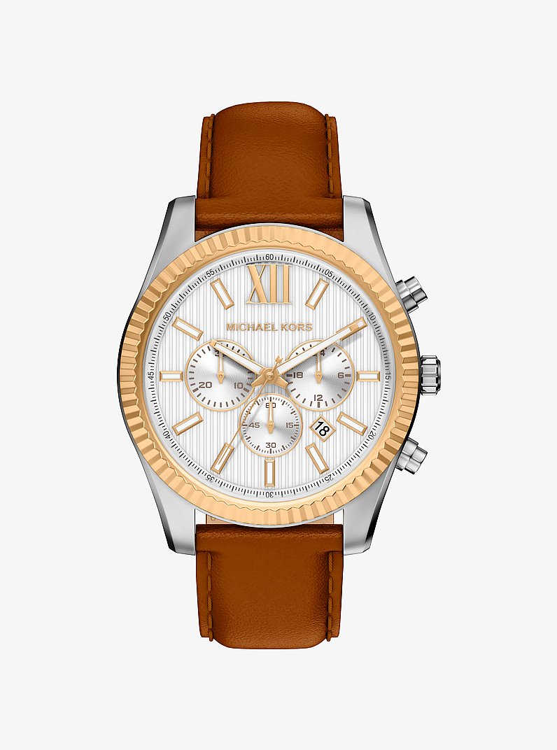 Oversized Lexington Two-Tone and Leather Watch in LUGGAGE | Michael Kors