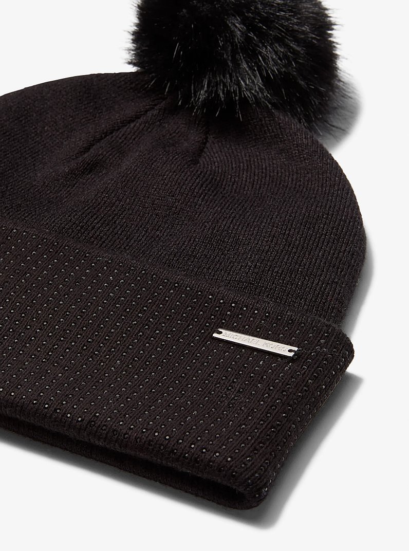 Embellished Knit Beanie Hat and Scarf Set in BLACK | Michael Kors
