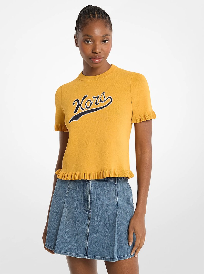 Ruffled Stretch Knit Logo Short-Sleeve Sweater in HONEYWHEAT | Michael Kors
