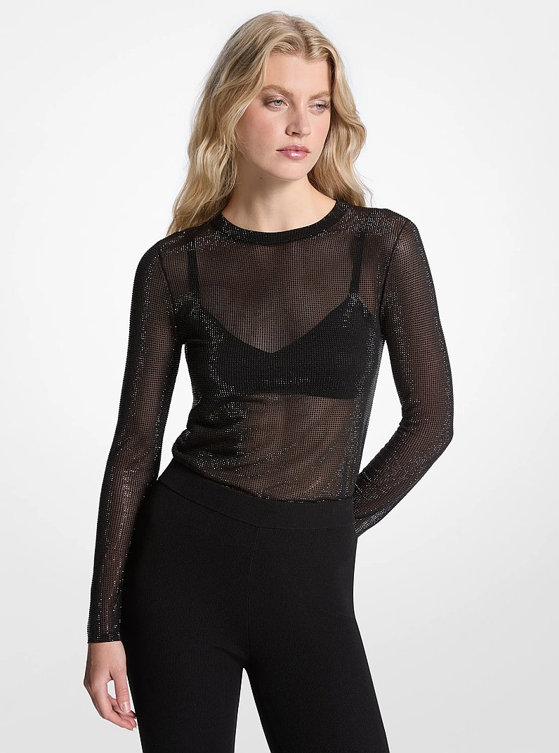 Embellished Mesh Top in BLACK | Michael Kors