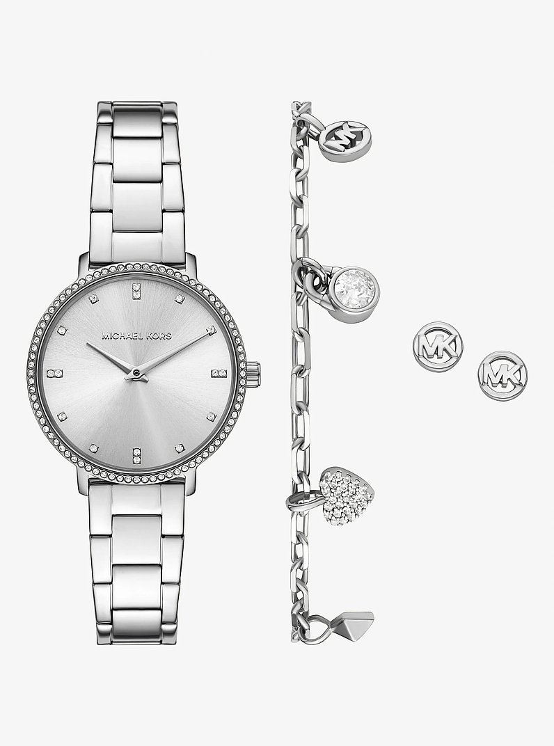 Mini-Armbanduhr Pyper im Silberton mit Pav&eacute; und Schmuck im Geschenkset in SILBERTON | Michael Kors