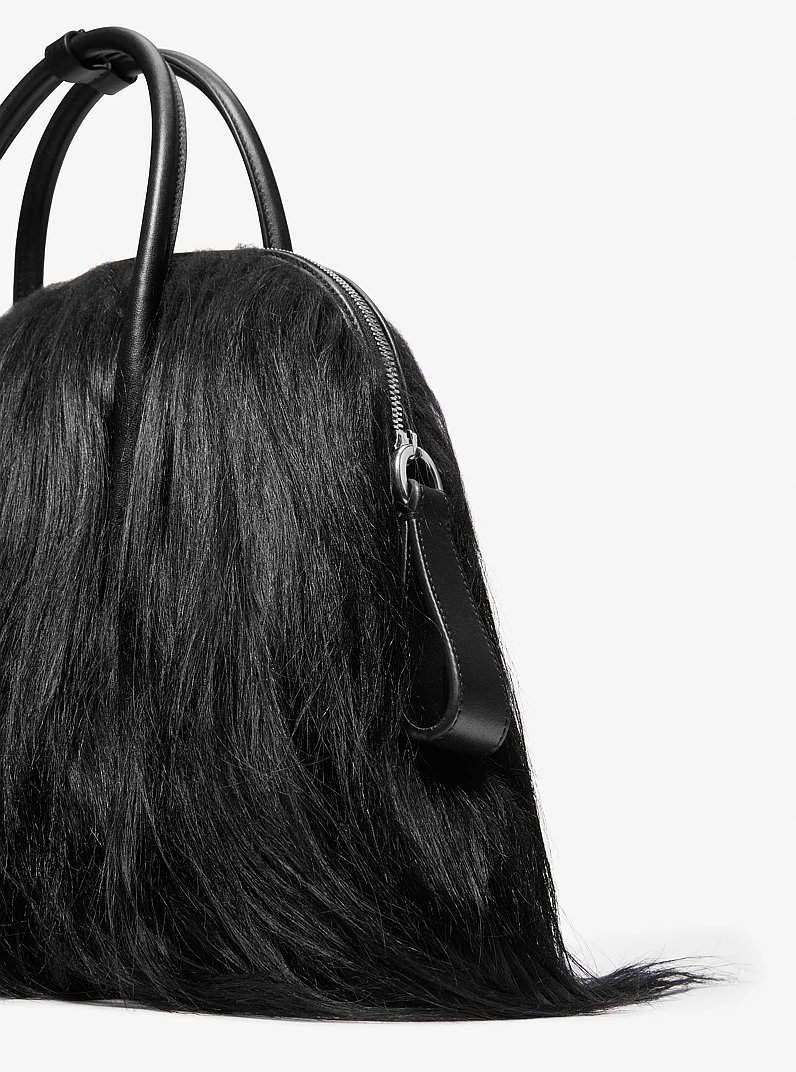 Kaitlin Large Long Haired Shearling Dome Satchel in BLACK | Michael Kors