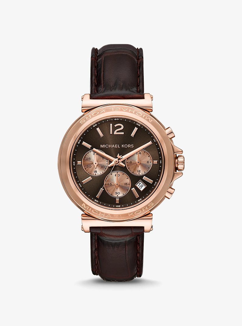 Oversized Maren Rose Gold-Tone and Crocodile Embossed Leather Watch in CHOCOLATE | Michael Kors