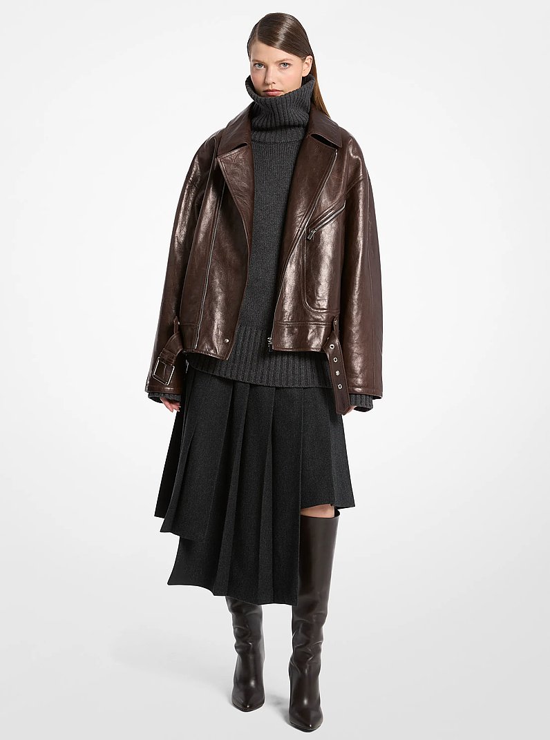 Washed Leather Moto Jacket in CHOCOLATE | Michael Kors