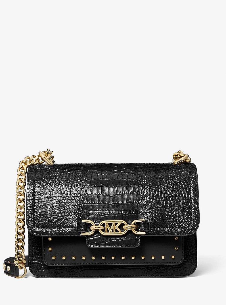 Heather Large Studded Crocodile Embossed Leather Shoulder Bag in BLACK | Michael Kors