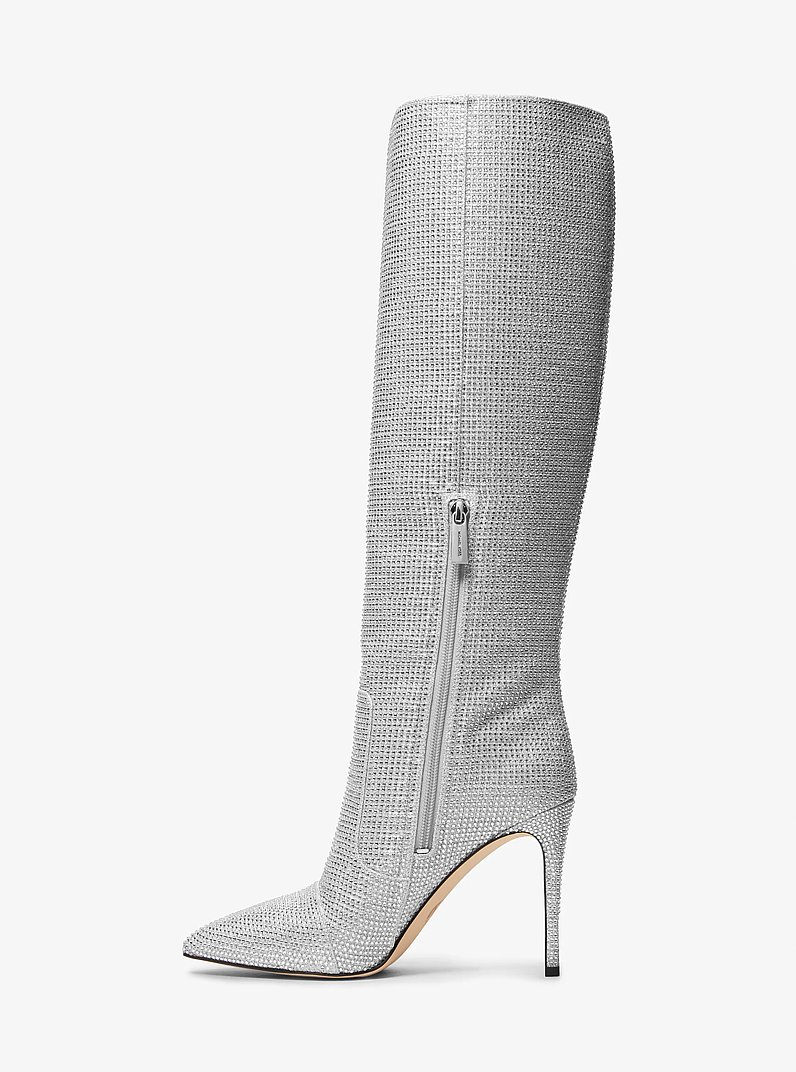 Rue Embellished Glitter Chain-Mesh Knee Boot