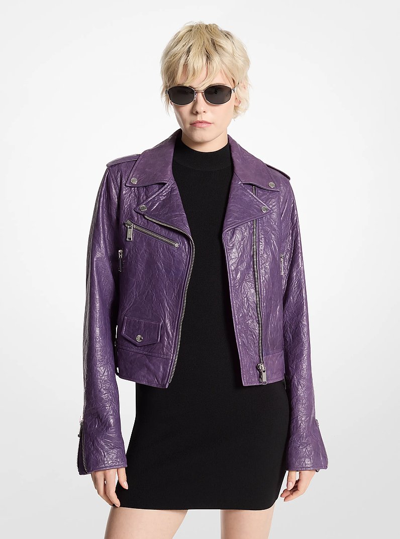 Crinkled Leather Cropped Moto Jacket in DARK IRIS | Michael Kors