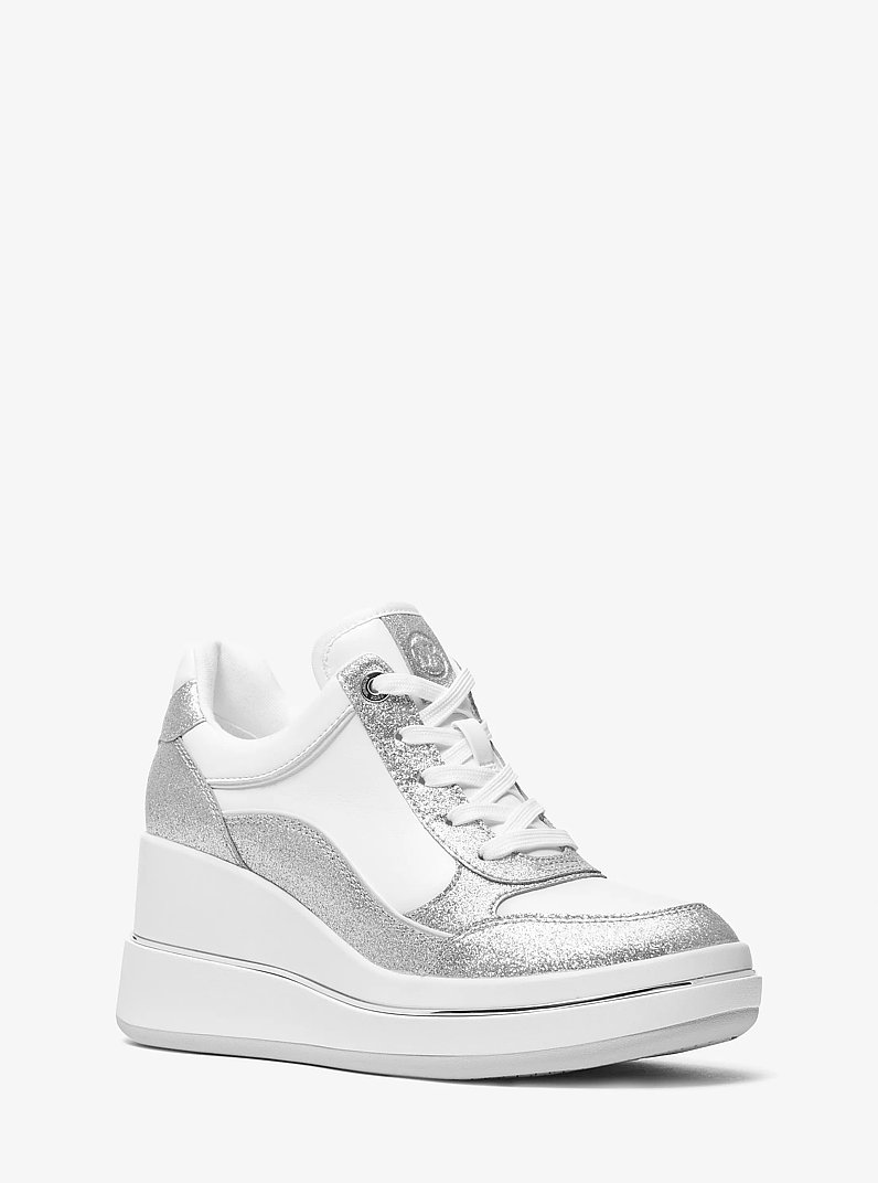 Emmy Glitter Embellished Leather Wedge Trainer in SILVER | Michael Kors