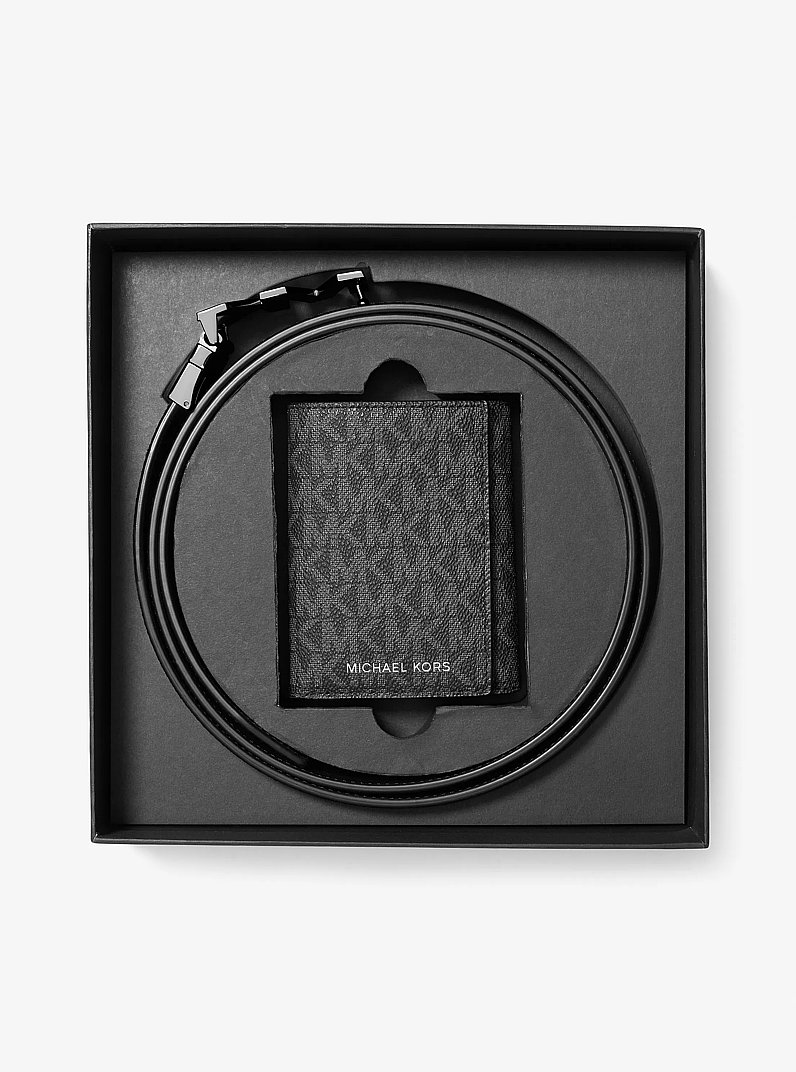 Signature Logo Tri-Fold Card Case and Belt Gift Set in BLACK | Michael Kors