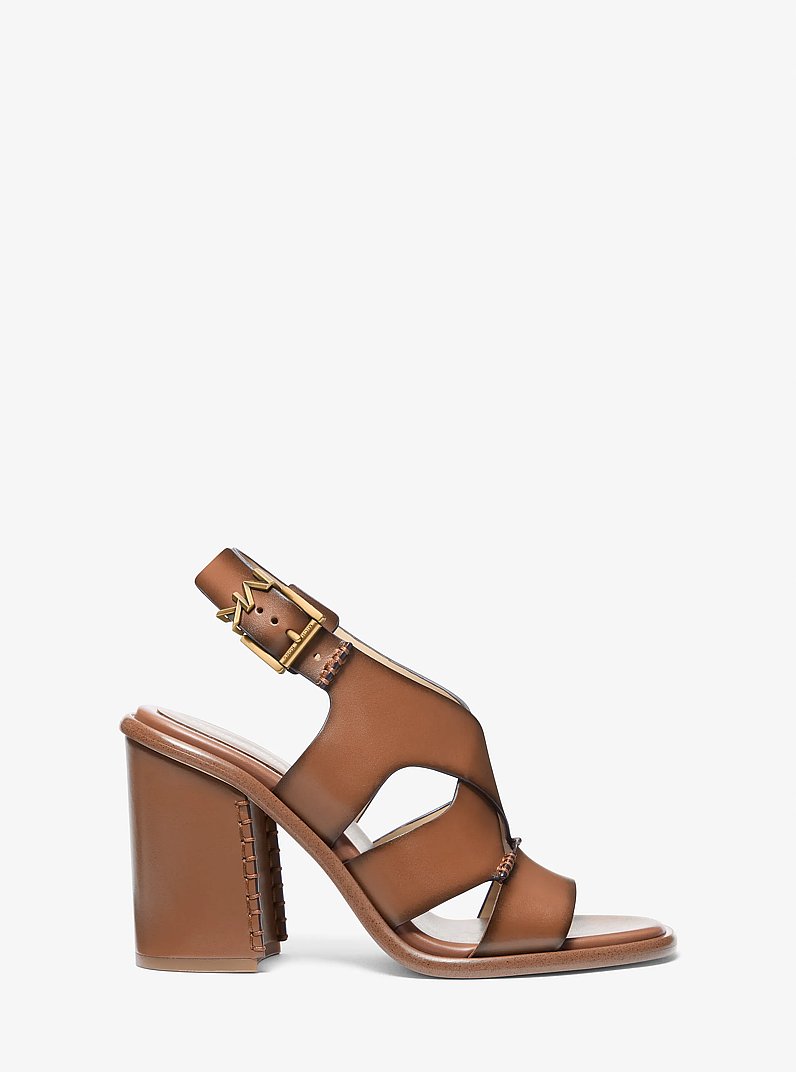 Raven Burnished Leather Block Heel Sandal in LUGGAGE | Michael Kors