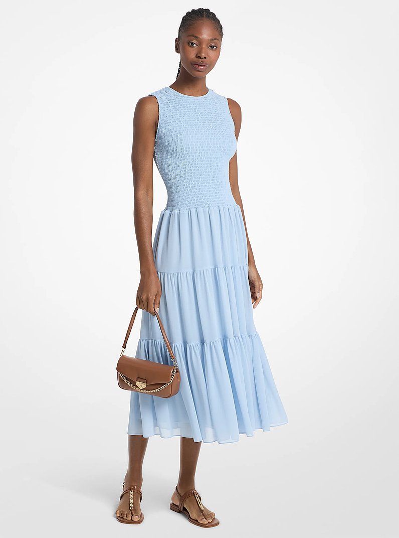 Vestido midi fruncido de georgette in AZUL PASTEL | Michael Kors