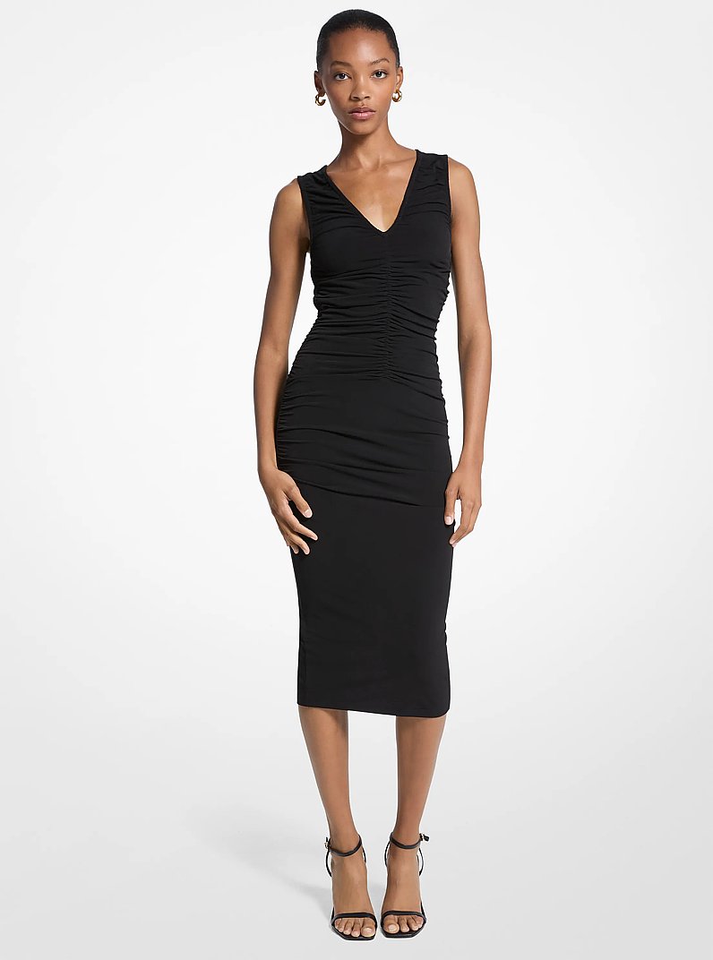 Stretch Matte Jersey Ruched Midi Dress in BLACK | Michael Kors