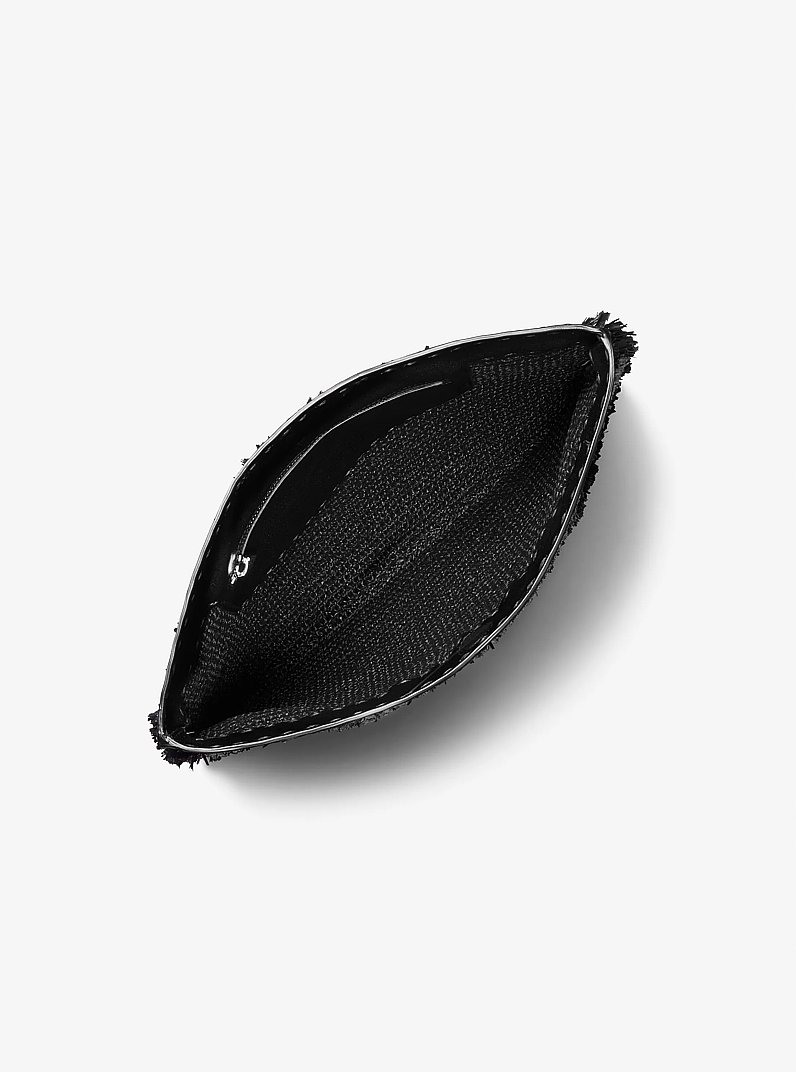 Sorrento Hand-Stitched Fringe and Leather Foldover Clutch in BLACK | Michael Kors