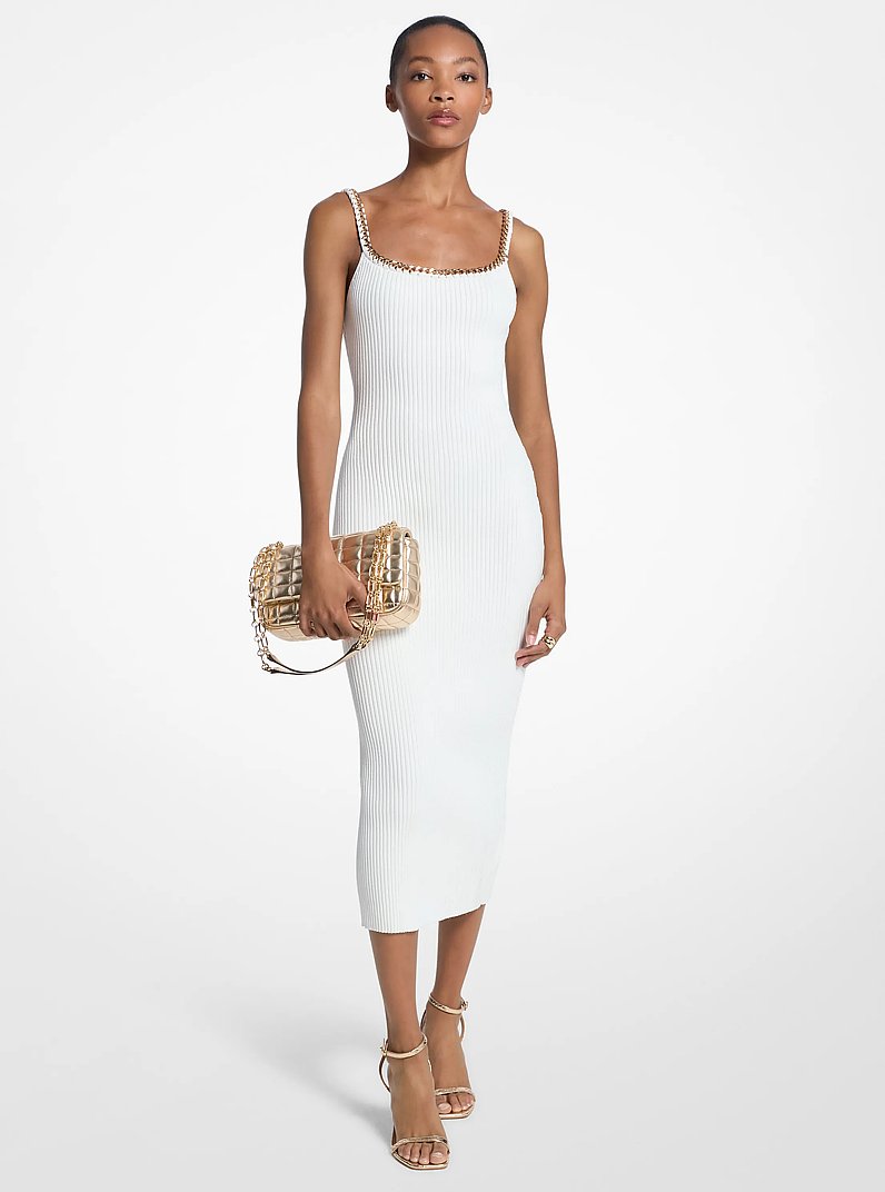 Chain Ribbed Stretch Knit Midi Dress in ECRU | Michael Kors