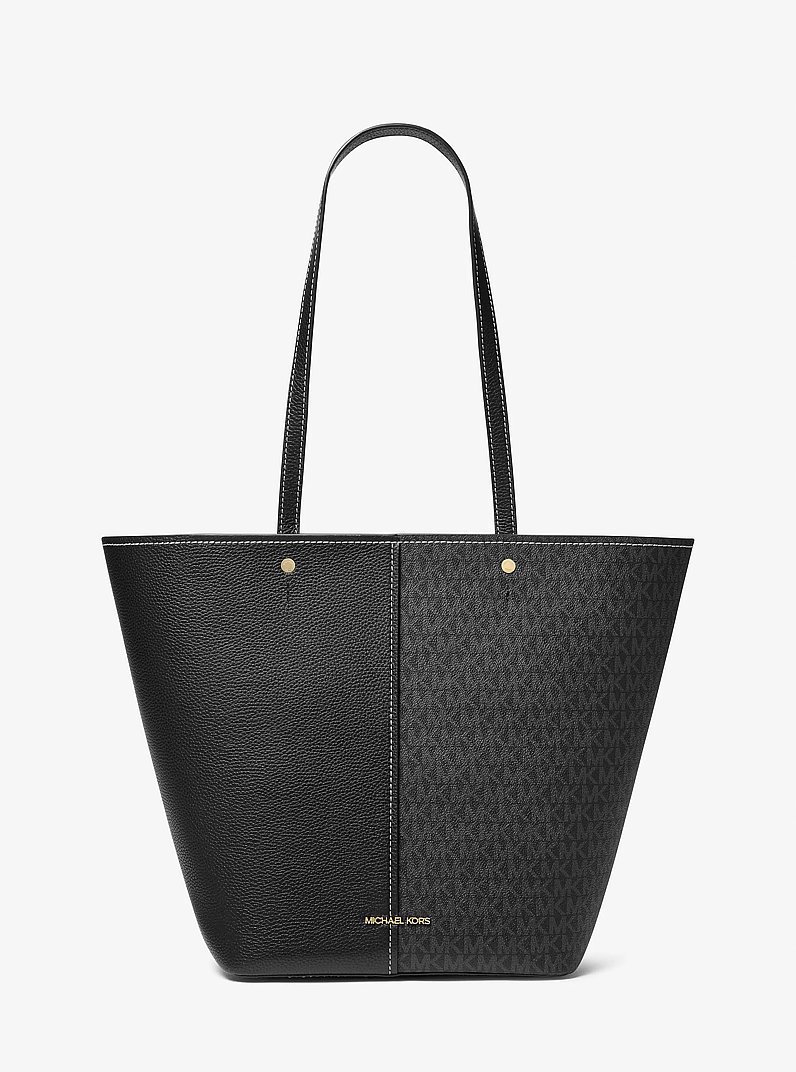 Flora Large Signature Logo and Leather Tote Bag in BLACK | Michael Kors