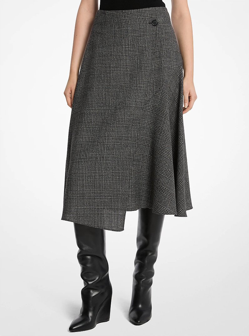 Draped Glen Plaid Wool Wrap Skirt