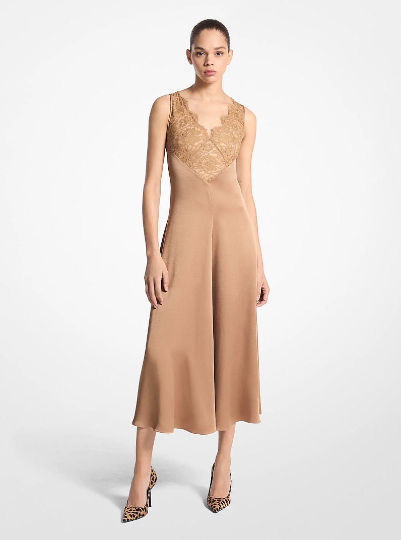 Lace Trim Satin Charmeuse Dress in CAPPUCCINO | Michael Kors