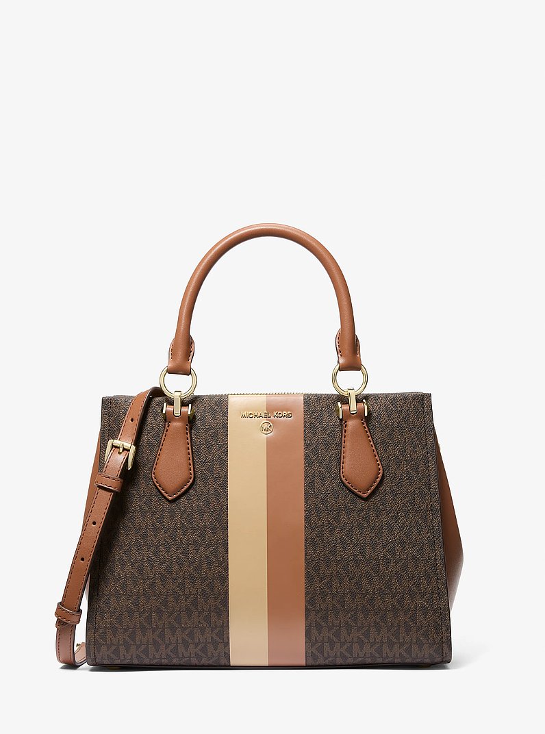 Marilyn Medium Logo Stripe Satchel in BROWN/LUGGAGE | Michael Kors