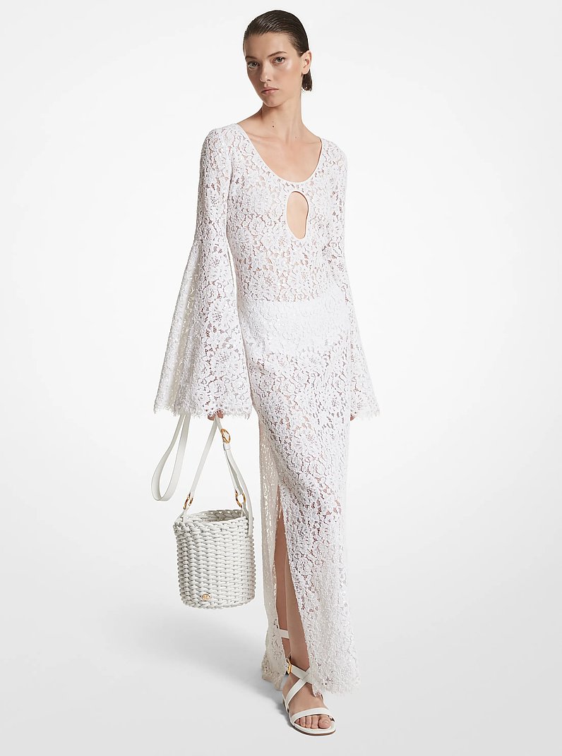 Hand-Embroidered Sequin Floral Lace Keyhole Djellaba in BLANCO INTENSO | Michael Kors