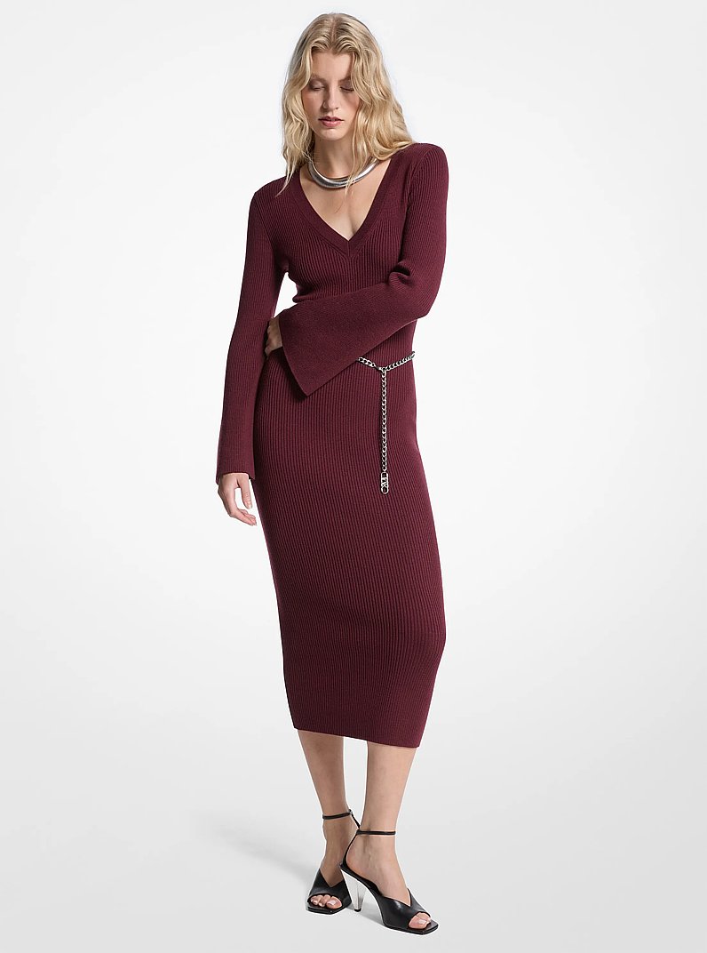 Robe mi-longue en laine m&eacute;lang&eacute;e avec ceinture in ROUGE SANG | Michael Kors