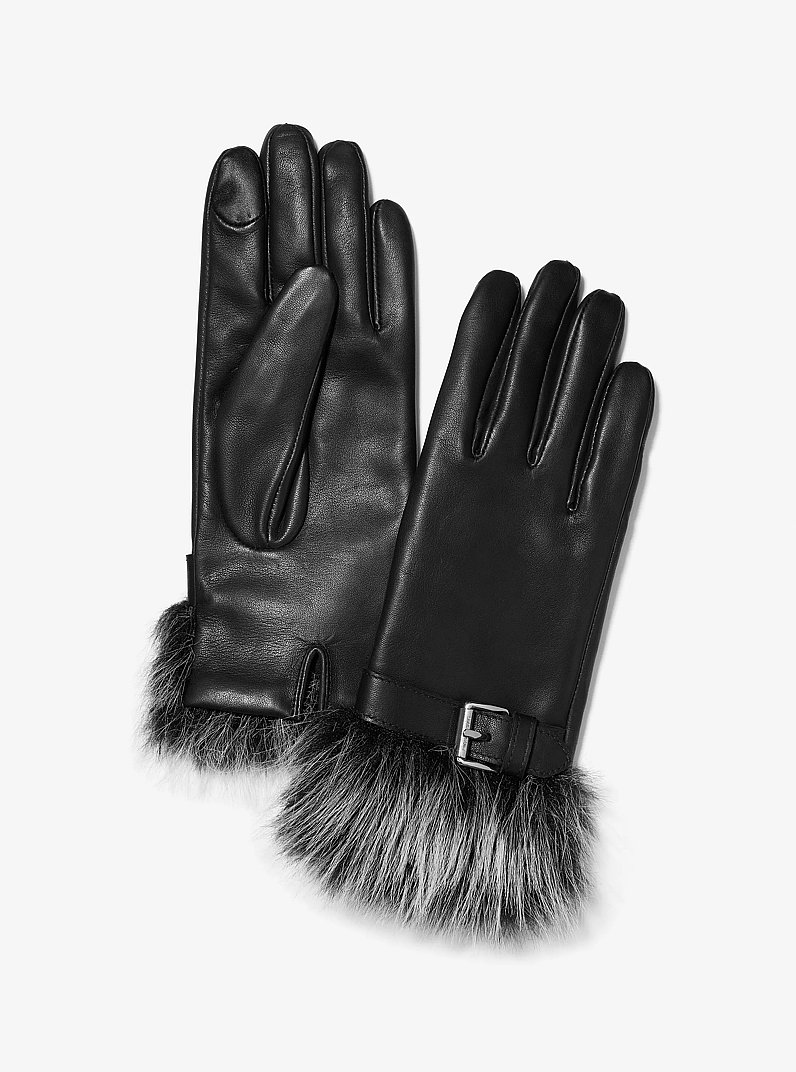 Gants en cuir &agrave; manchettes en fausse fourrure in NOIR | Michael Kors