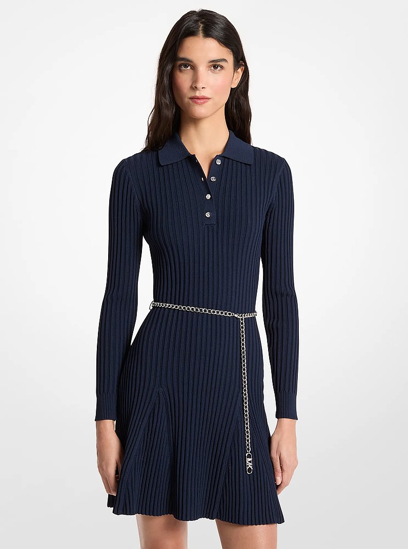 Geripptes Polokleid aus Viskose mit G&uuml;rtel in MIDNIGHTBLUE | Michael Kors