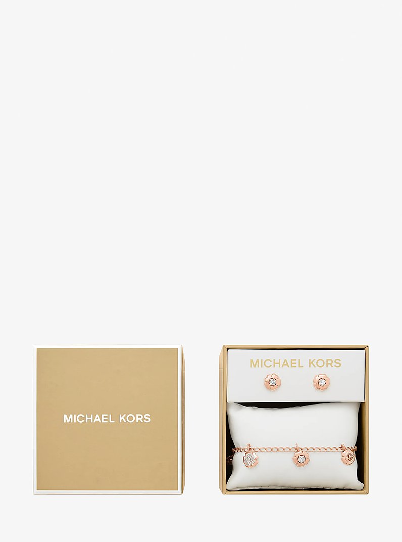 Pav&eacute; Flower Charm Bracelet and Stud Earrings Jewelry Set in ROSE GOLD | Michael Kors