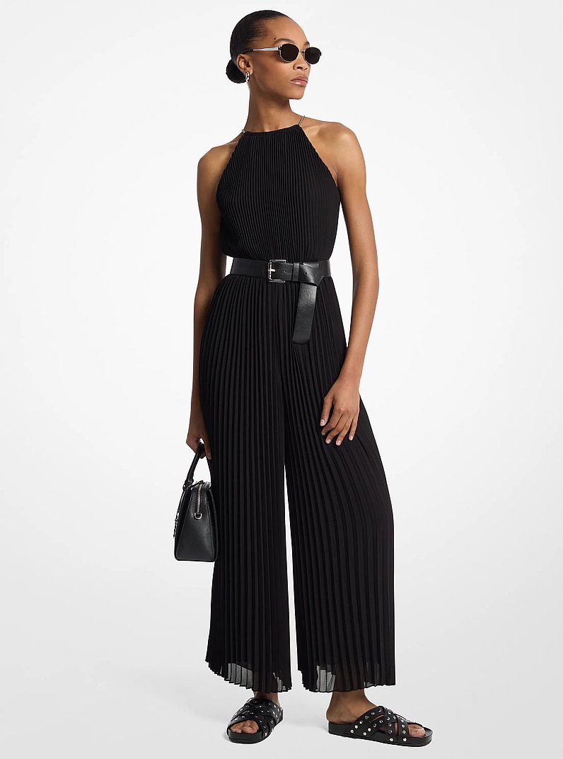 Pleated Georgette Halter Jumpsuit in BLACK | Michael Kors
