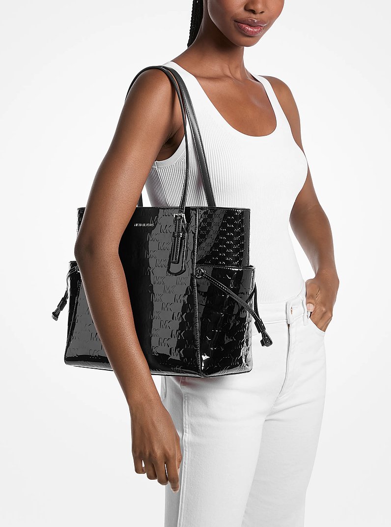 Voyager Large Patent Logo Debossed Tote Bag in BLACK - Sale
