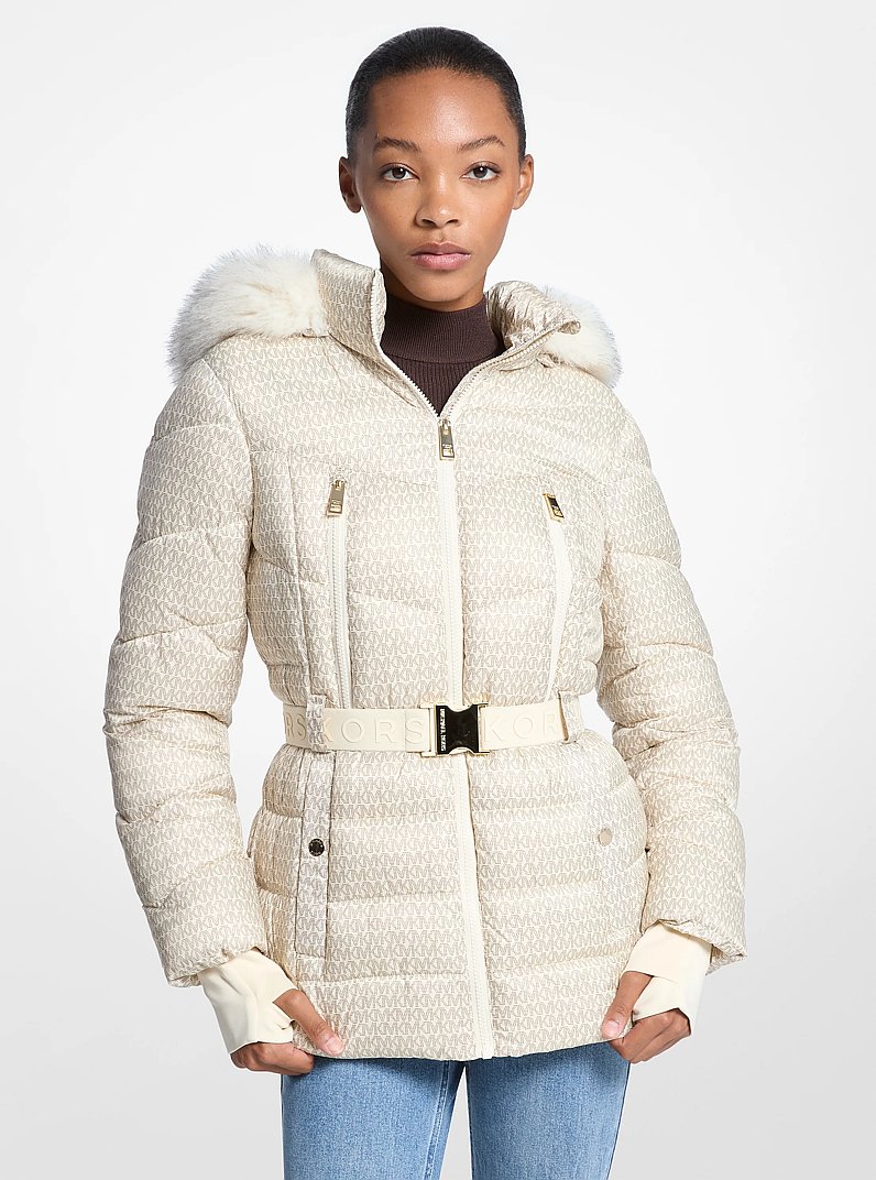 Faux Fur Trim Belted Puffer Jacket in BONE | Michael Kors
