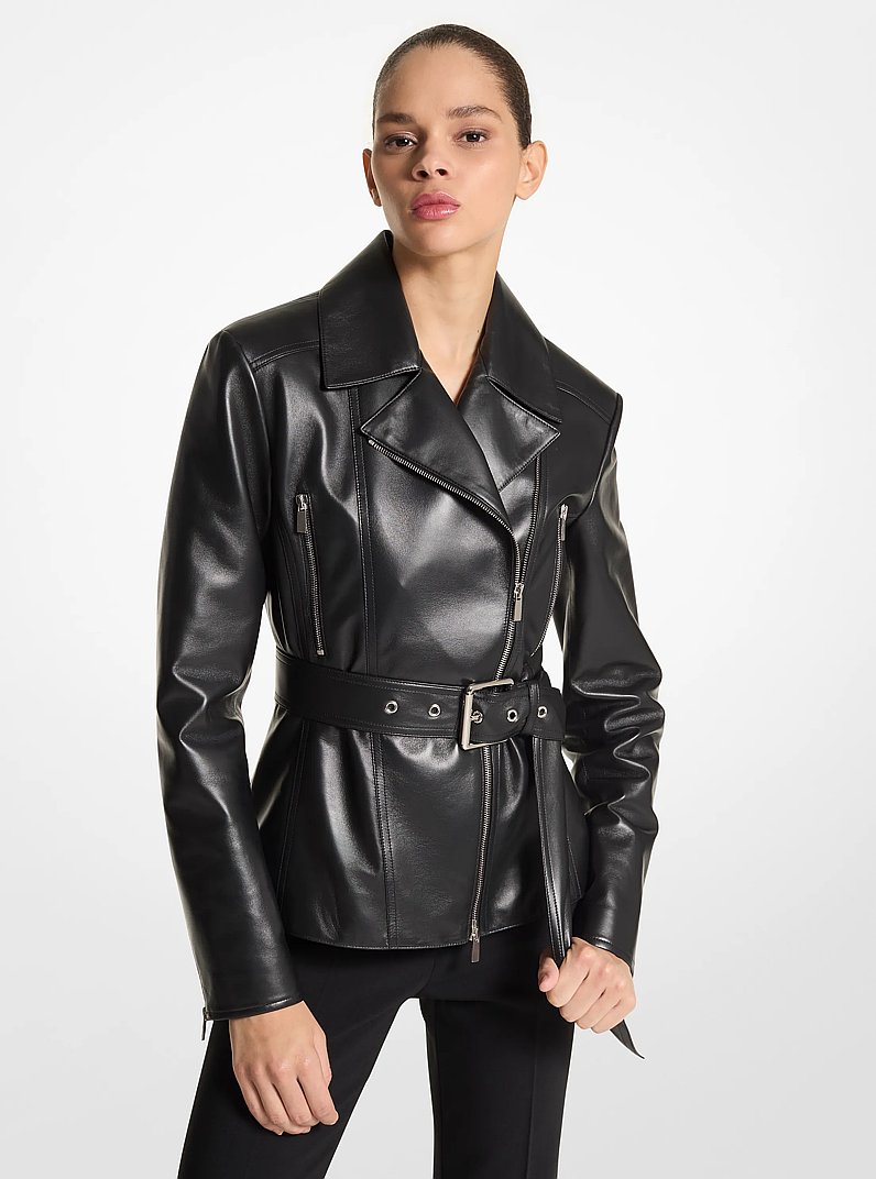 Giacca biker in pelle plong&eacute; con cintura in NERO | Michael Kors