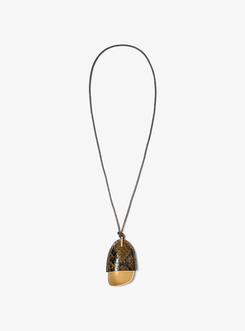 Brushed Brass and Snake Embossed Leather Wrapped Pendant Necklace in FENNEL | Michael Kors