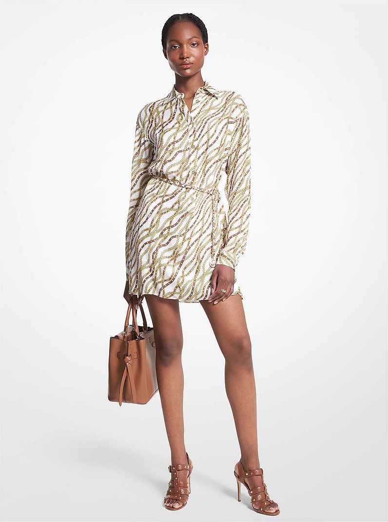 Status Print Georgette Mini Shirtdress in BLANCO | Michael Kors