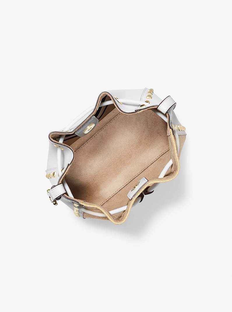 Phoebe Small Studded and Straw Bucket Messenger Bag