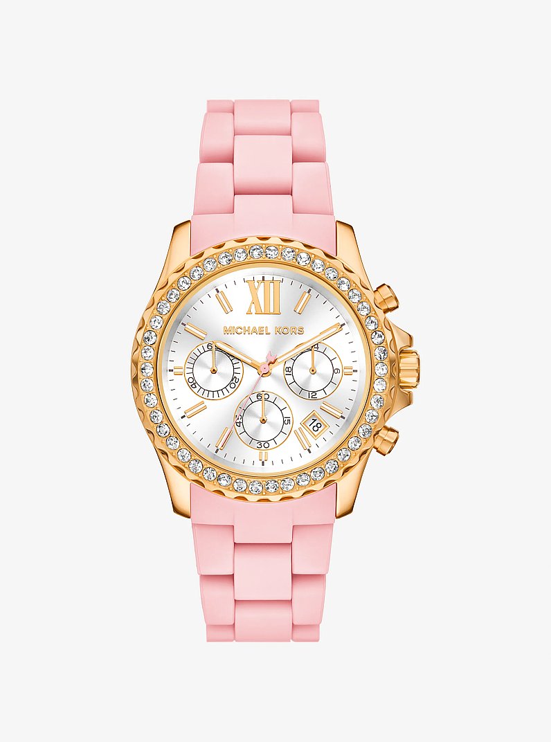 Montre Everest surdimensionn&eacute;e dor&eacute;e &agrave; pav&eacute; et en silicone in FARD | Michael Kors