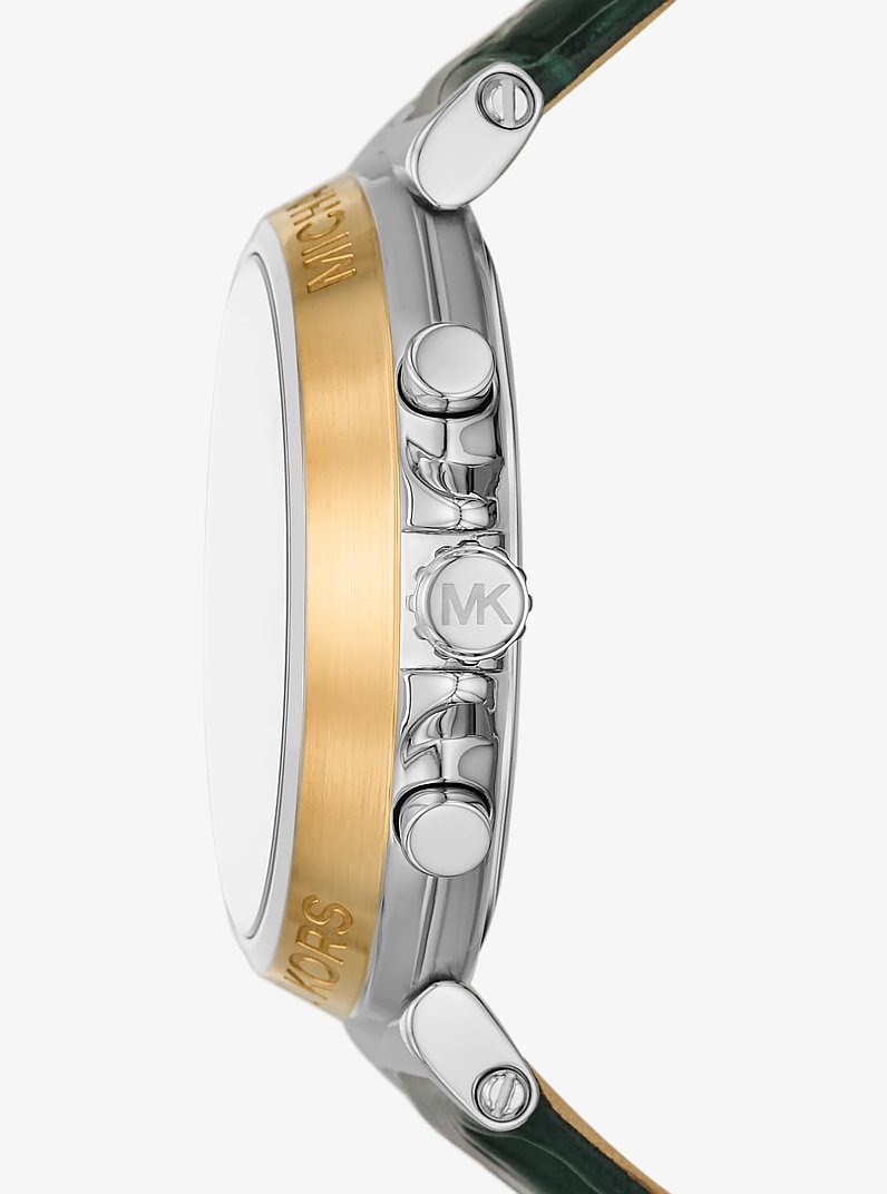 &Uuml;bergro&szlig;e Armbanduhr Maren im Silberton und Lederarmband mit Krokodilpr&auml;gung in GR&Uuml;N | Michael Kors