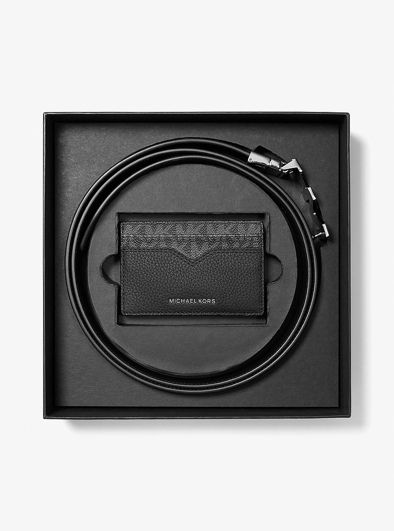 Set regalo con porta carte di credito e cintura in pelle con stampa logo in NERO | Michael Kors