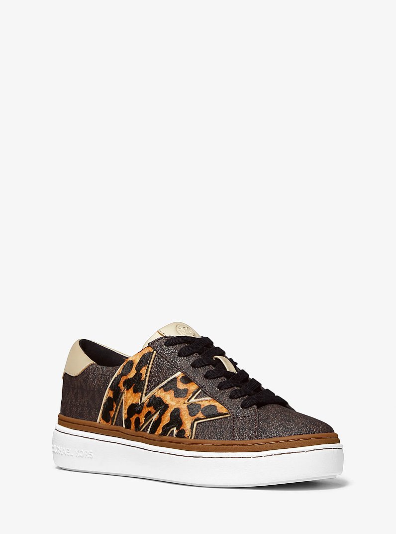 Chapman Logo and Leopard Print Calf Hair Sneaker in BROWN | Michael Kors